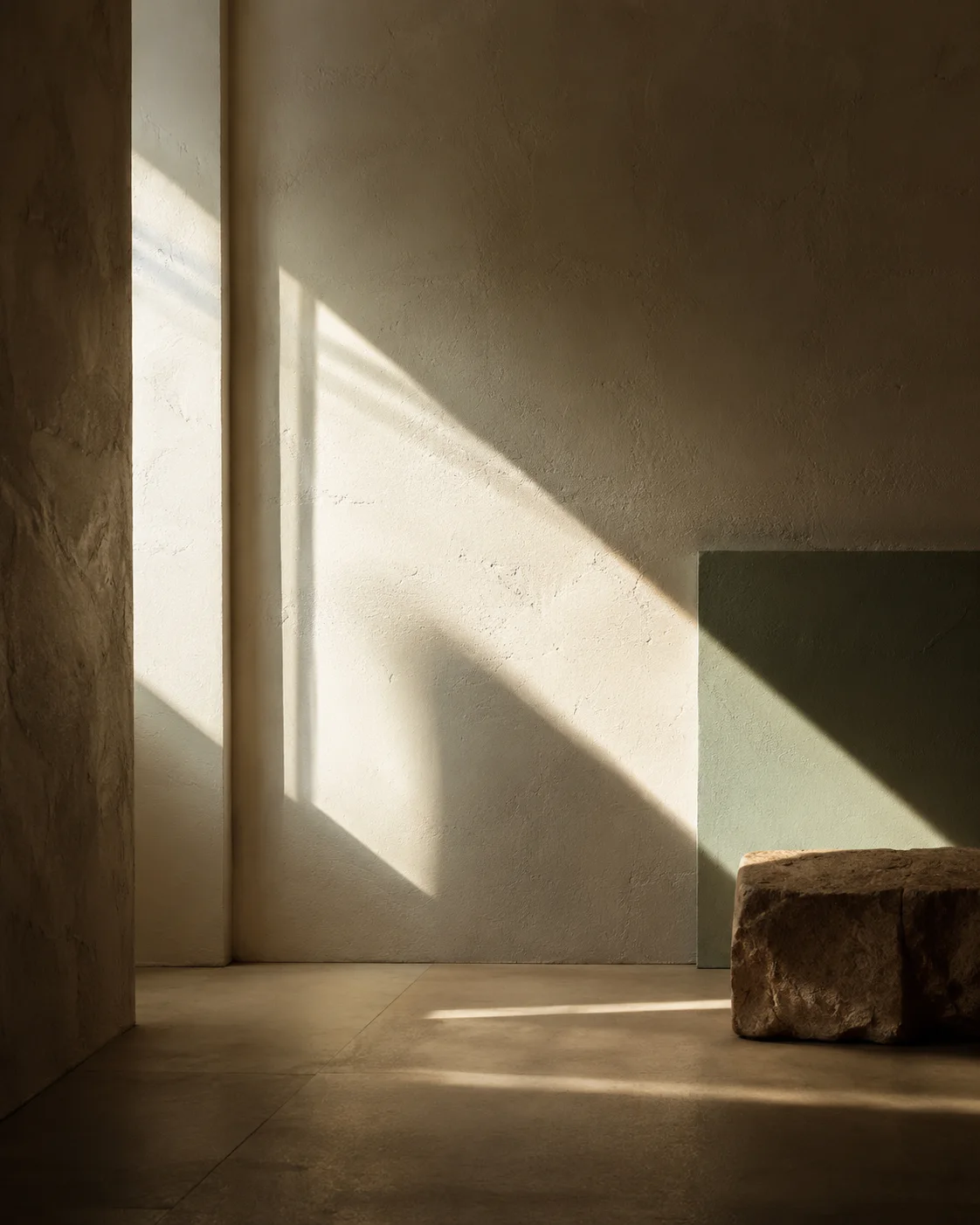 Sunlight forming geometric shapes across a textured interior wall