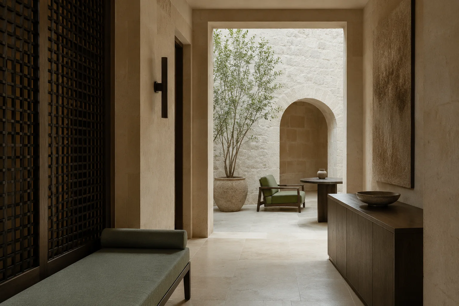 A quiet stone hospitality interior with natural materials and muted sage seating