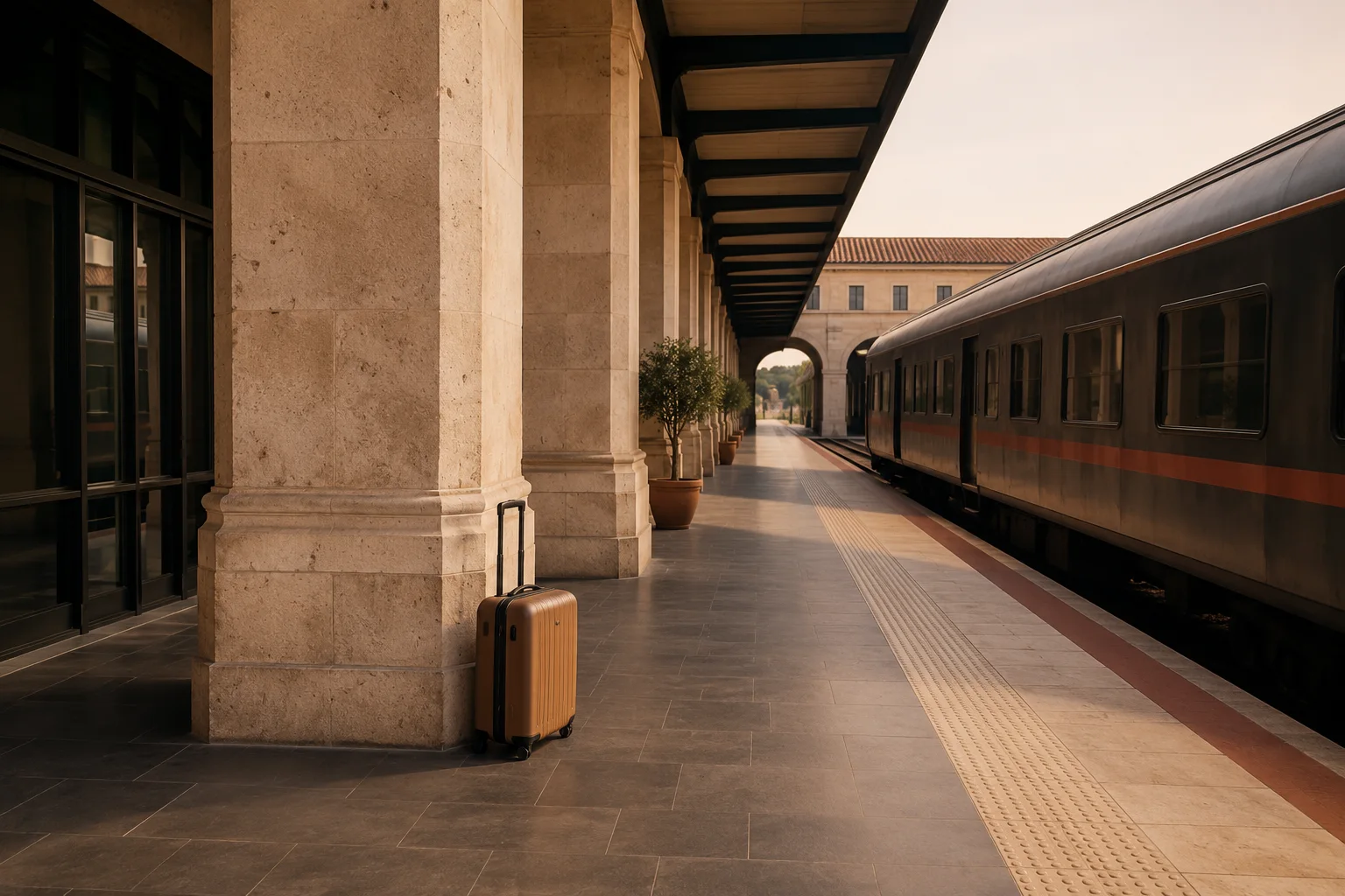 A suitcase waiting beside a train at a quiet stone railway platform
