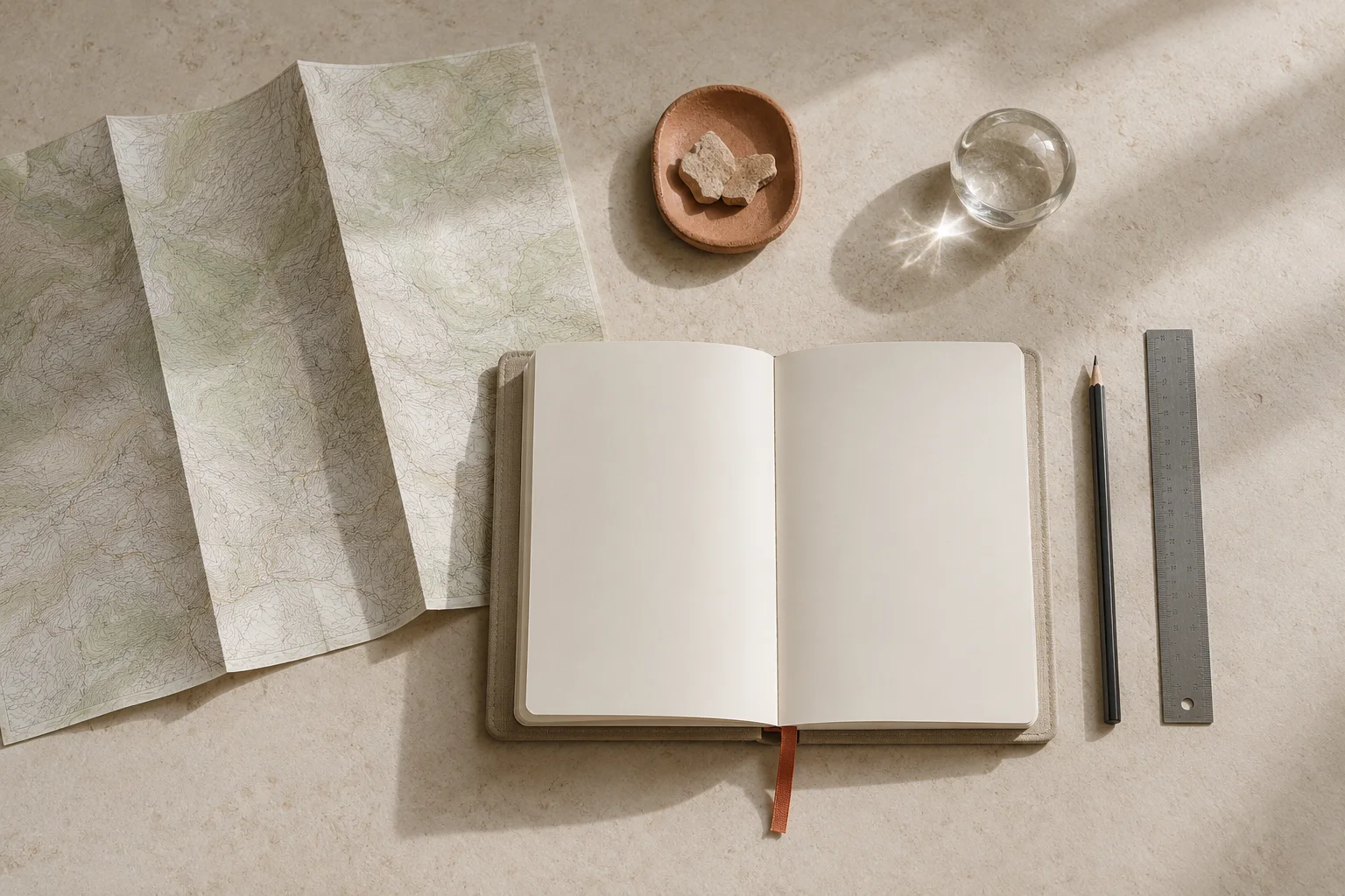 A folded topographic map, open notebook, pencil and ruler arranged for journey planning